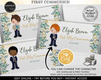 Editable First Communion Candy Wrapper Instant Download Chocolate Bar Wrapper Boy First Communion Party Supplies First Communion Favors  FC