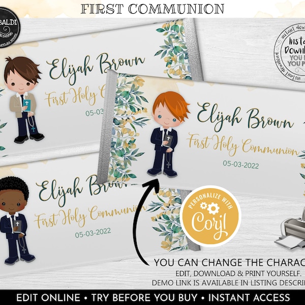 Editable First Communion Candy Wrapper Instant Download Chocolate Bar Wrapper Boy First Communion Party Supplies First Communion Favors  FC