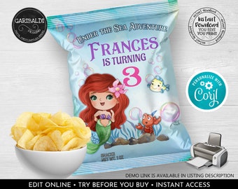 Editable Mermaid Chip Bag Wrapper Printable Under the sea Potato Chip Bag Template Instant download Mermaid Birthday Party Snack Favors LM