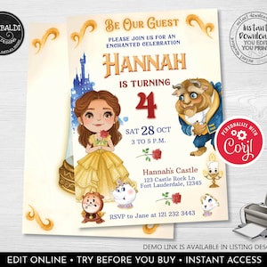 Editable Beauty and the Beast Invitation Little Beauty Princess Birthday Party Instant Download Printable Fairytale Invite Corjl Template BB
