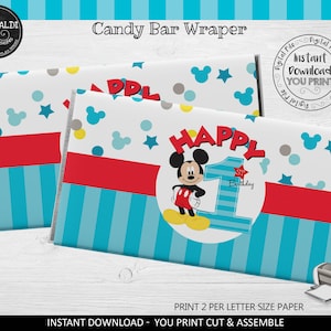 Emballages de bonbons Mickey à téléchargement immédiat Emballage de barre de chocolat Mickey imprimable Cadeaux de fête du premier anniversaire Mickey Mickey Party Supplies MFT1