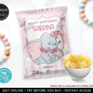 Editable Dumbo Chip Bag Wrapper Pink Elephant Birthday Party Favors Pink Dumbo Baby Shower Printable Digital Download Template Corjl GDP