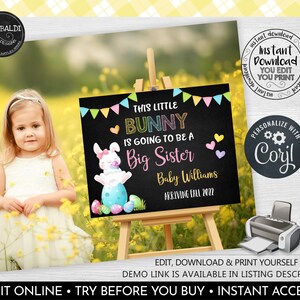 May include: A chalkboard sign with a bunny illustration and the text "This little bunny is going to be a big sister Baby Williams arriving fall 2022". The sign is on an easel in front of a girl in a white dress standing in a field of yellow flowers.