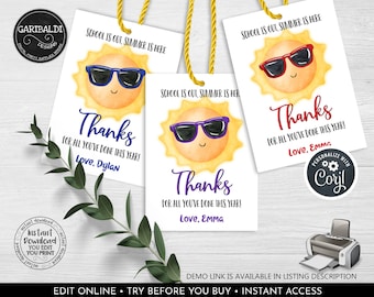 Editable School is Out Summer is Here End of Year Favor Tag Teacher Appreciation Gift Tag Sunshine Thank You Tag Corjl Template Printable TA