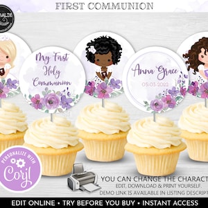 Editable First Communion Cupcake Toppers, Printable Girl First Communion Table Decorations, Purple Floral First Communion Party Supplies FC