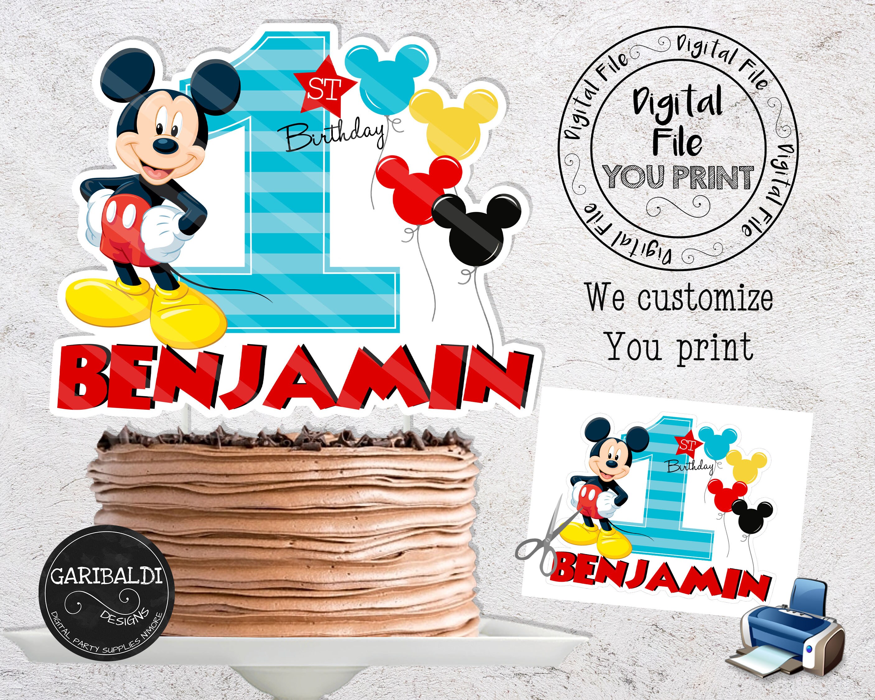Printable Mickey Mouse 1st Birthday Cake Topper Custom Mickey Etsy