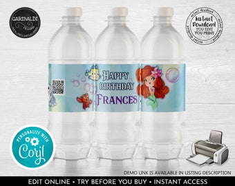 Editable Little Mermaid Water Bottle Labels Under the sea Bottle Labels Mermaid Birthday Party Decorations Instant download Party Favors LM