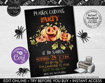May include: A printable invitation for a pumpkin carving party. The invitation is designed to look like a chalkboard with a drawing of pumpkins and vines. The text on the invitation reads "Pumpkin Carving Party at the Smith's October 28 3-7 PM 123 Spooky Dr Fort Lauderdale FL, 12345 RSVP 123 456-7890 Bring You Own Pumpkin".