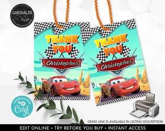 Editable Race Cars Favor Tags Racing Car Thank you Tags Cars Gift Labels Radiator Springs Birthday Party Supplies Decor DCR