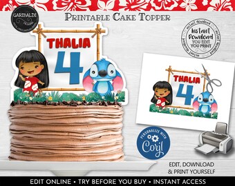 Editable Hawaiian Cake Topper Instant Download Luau Centerpieces Hawaiian Birthday Party Decorations Luau Stitch Party Supplies 2 LSW