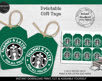 Thanks a Latte Gift Tag Printable Thanks a Latte Tags Teacher Appreciation Gift Tags Staff Appreciation Thanks a Latte Coffee Tags TA