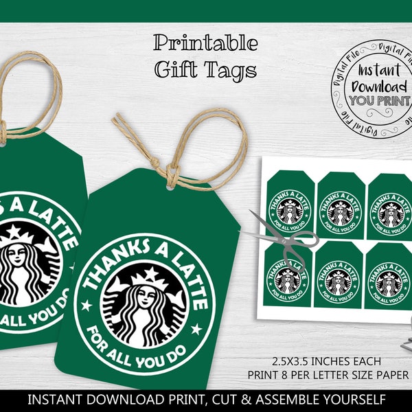 Thanks a Latte Gift Tag Printable Thanks a Latte Tags Teacher Appreciation Gift Tags Staff Appreciation Thanks a Latte Coffee Tags TA