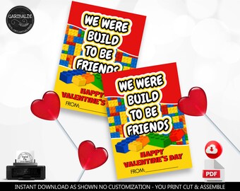Building Blocks Valentine's Day Kids Card We were built to be Friends Gift Tag Kids Clarssroom Teacher School Printable Treat Label VL