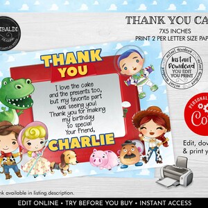 Editable Toy Story Thank you card Instant download Cute Toy Story Birthday Party Thank you card Printable Thank you Card TSS