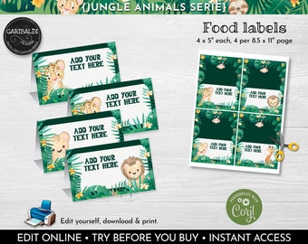 May include: Printable jungle animal food labels featuring green foliage and cute animal illustrations. Each label measures 4 x 5 inches and there are 4 labels per 8.5 x 11 inch page. The text on the labels says "Add your text here".