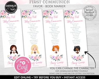 Pode incluir: Quatro marcadores de página imprimíveis para uma celebração da Primeira Comunhão. Cada marcador de página apresenta uma menina com um vestido branco e uma coroa de flores, um design floral rosa e o texto "Minha Primeira Comunhão". O texto "Obrigado pela maneira atenciosa como você compartilhou meu primeiro dia de comunhão. Ao receber o pão e o vinho, eu sabia que suas orações estavam unidas às minhas." está incluído em cada marcador de página. Os marcadores de página são personalizados com os nomes "Amy", "Amy-Louise" e "Amy-Louise".