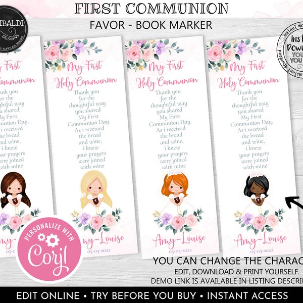 Editable First Holy Communion Bookmarks Template, Printable First Communion Favors, Holy Communion Gift Tags, Recuerdos Primera Comunión FC