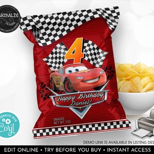 Editable Race Cars Chip Bag Wrapper Cars Birthday Party Supplies Racing Cars Party Favors Printable Digital Download Template Corjl DCR