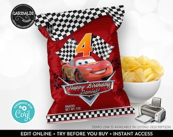 Editable Race Cars Chip Bag Wrapper Cars Birthday Party Supplies Racing Cars Party Favors Printable Digital Download Template Corjl DCR