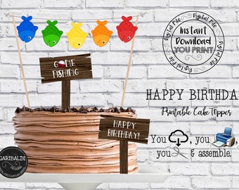 Adorno para tarta de pesca imprimible, adorno para tarta de fiesta de pesca, decoraciones para fiesta de pesca, banderines para tarta de pesca DIY, cumpleaños de pesca