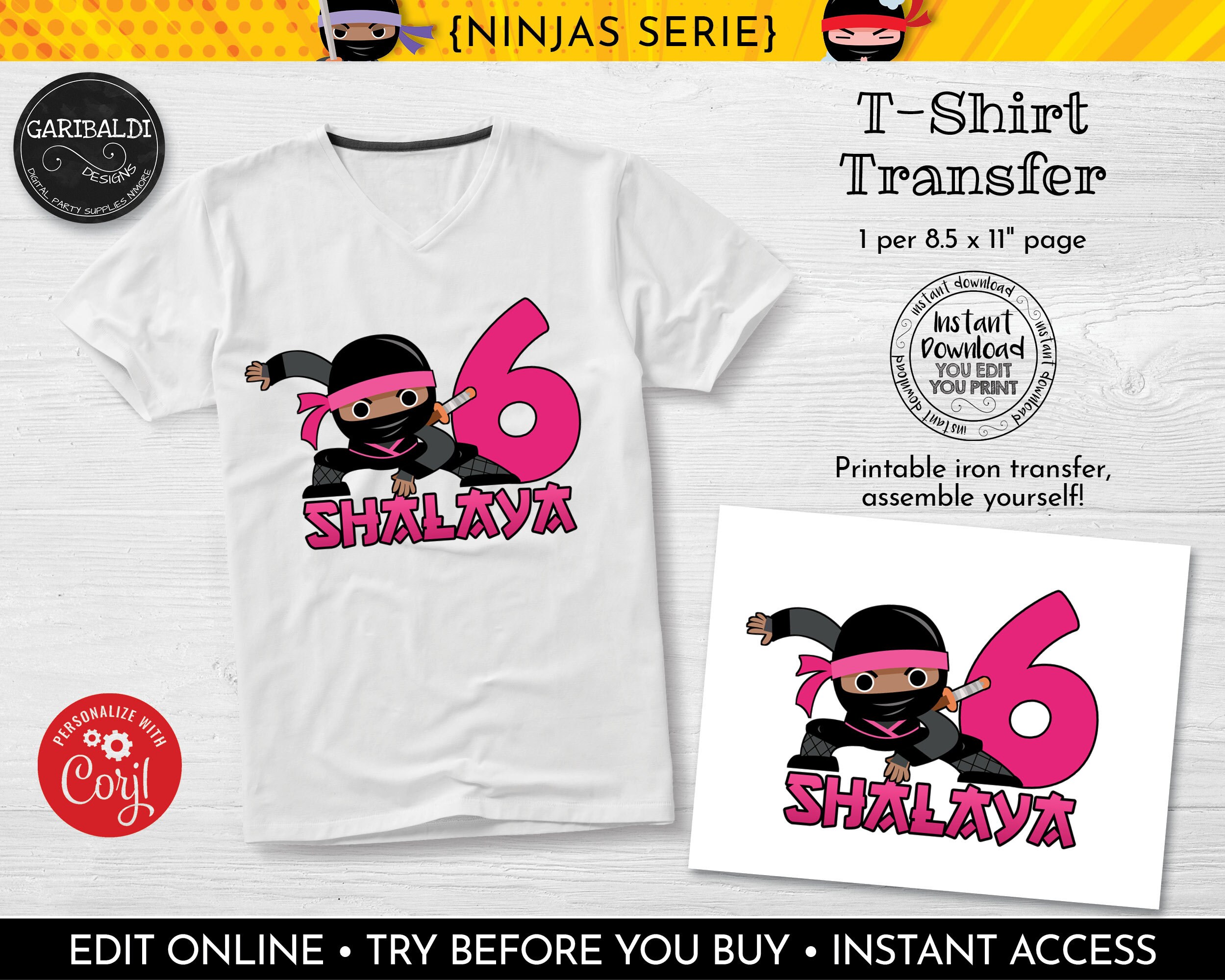 Editable Ninja Girl Cake Topper Instant Download Ninja Tshirt Etsy