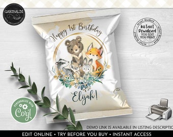 Editable Woodland Chip Bag Wrapper, Printable Forest Animals Potato Chip Bag Template, Instant download Greenery Wild One Party Favors WL