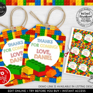 Editable Building Blocks Favor Tags, Printable Building Bricks Thank you Tag, Building Blocks Party Supplies, Building Blocks Gift Tags BKBC