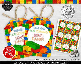 Editable Building Blocks Favor Tags, Printable Building Bricks Thank you Tag, Building Blocks Party Supplies, Building Blocks Gift Tags BKBC