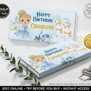 Editable Cinderella Chocolate Bar Label Princess Cinderella Candy Bar Wrapper Cinderella Birthday Party Download Corjl Template Printable CP