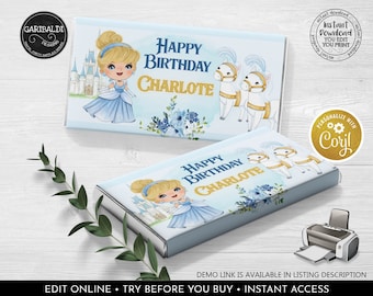Editable Cinderella Chocolate Bar Label Princess Cinderella Candy Bar Wrapper Cinderella Birthday Party Download Corjl Template Printable CP