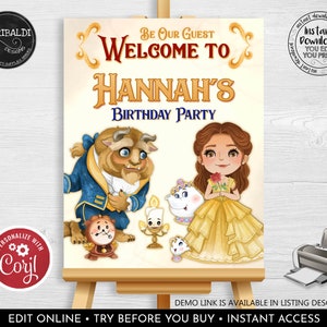 Editable Beauty and the Beast Welcome Sign Princess Birthday Party Belle Welcome Board Baby Shower Printable Download Template Corjl BB