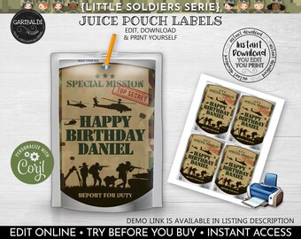 Editable Army Juice Pouch Labels Printable Soldier Juice Box Labels Military Juice Labels Instant download Camouflage Party Favors 2 SA