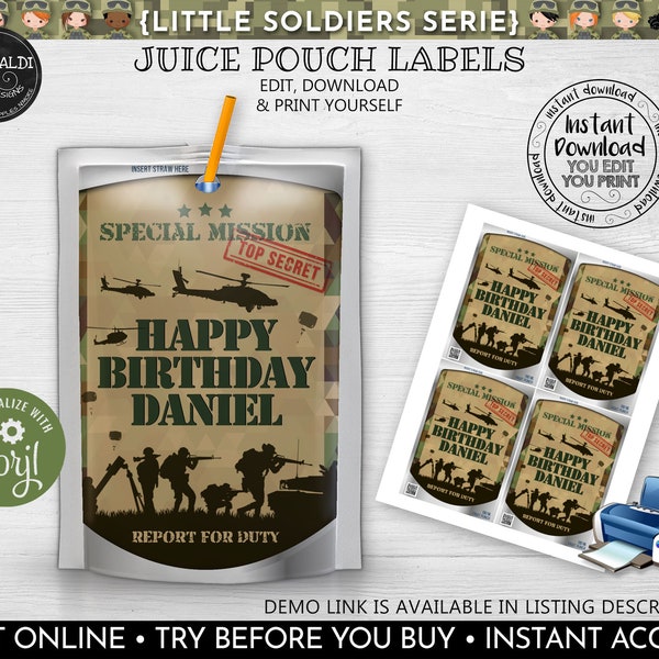 Editable Army Juice Pouch Labels Printable Soldier Juice Box Labels Military Juice Labels Instant download Camouflage Party Favors 2 SA