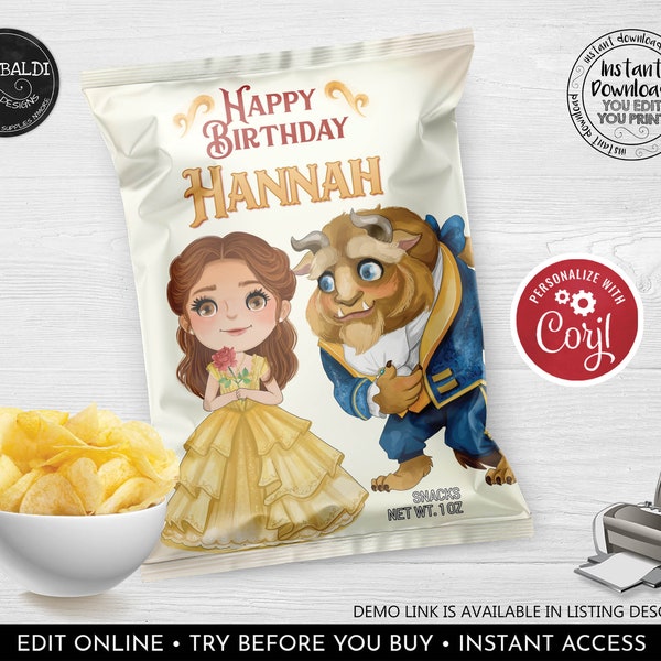 Editable Beauty and the Beast Chip Bag Wrapper Printable Chip Bag Template Instant Download Princess Birthday Party Supplies Favor Snacks BB
