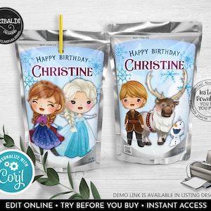 Frozen Juice Pouch Labels Editable Ice Queen Juice Box Label Winter Princess Birthday Party Decorations Instant download Party Favors FRZ