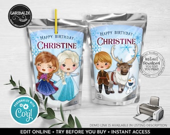 Frozen Juice Pouch Labels Editable Ice Queen Juice Box Label Winter Princess Birthday Party Decorations Instant download Party Favors FRZ