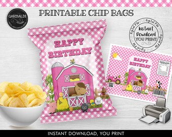 Pink Farm Chip Bags Printable Pink Farm Party Favors Girl Farm Animals Party Supplies Pink Farm Animals Snack Wrapper Instant Download PKF