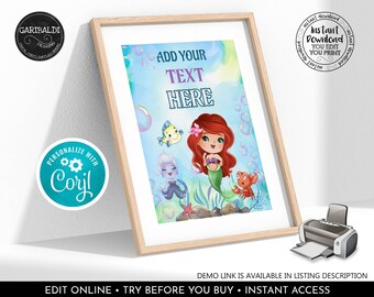 Editable Little Mermaid Custom Sign Printable Under the sea Party Sign Mermaid Take a Treat Sign Table Decoration Download Corjl Template LM