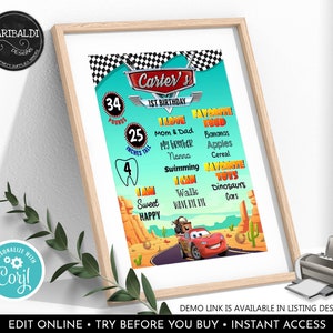 Editable Radiator Springs Cars Milestone Board Race Cars First Birthday Sign Chalkboard Poster Printable Digital Download Corjl Template DCR