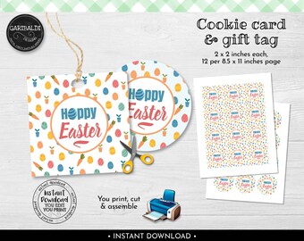 May include: Printable Easter cookie cards and gift tags featuring a colorful egg and carrot pattern with the text "Happy Easter". The printable sheet includes 12 cards, each measuring 2 inches by 2 inches.