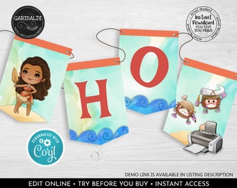 Editable Moana Pennant Banner Printable Maui Banner Hawaiian Luau Birthday Banner Polynesian Party Supplies Decorations Template Corjl MOA
