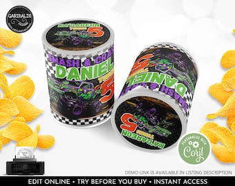 Editable Monster Truck Chip Can Wrapper Monster Truck Birthday Party Favors Monster Truck Printable Digital Download Template Corjl MT