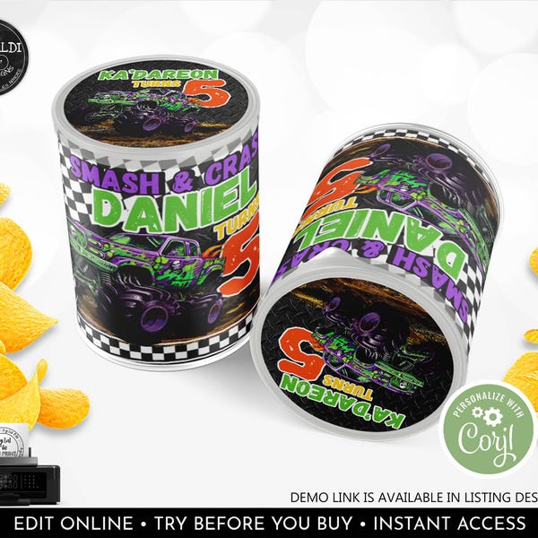 Editable Monster Truck Chip Can Wrapper Monster Truck Birthday Party Favors Monster Truck Printable Digital Download Template Corjl MT