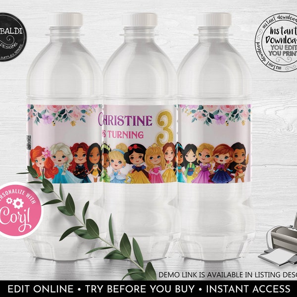 Editable Princess Water Bottle Labels Princess Birthday Party Favors Royal Magical Celebration Decor Download Printable Template Corjl RPC