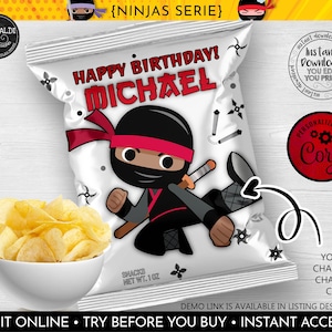 Editable Ninja Chip bag Template Ninja Chip Bags Wrapper Instant Download Birthday Ninja Party Supplies Printable Favors Wrappers Snacks NJA