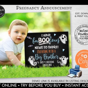 Halloween Pregnancy Announcement Sign Printable News to share Poster Board Big Brother Photoshoot Prop New Baby Boo Ghost Announcement HW PA