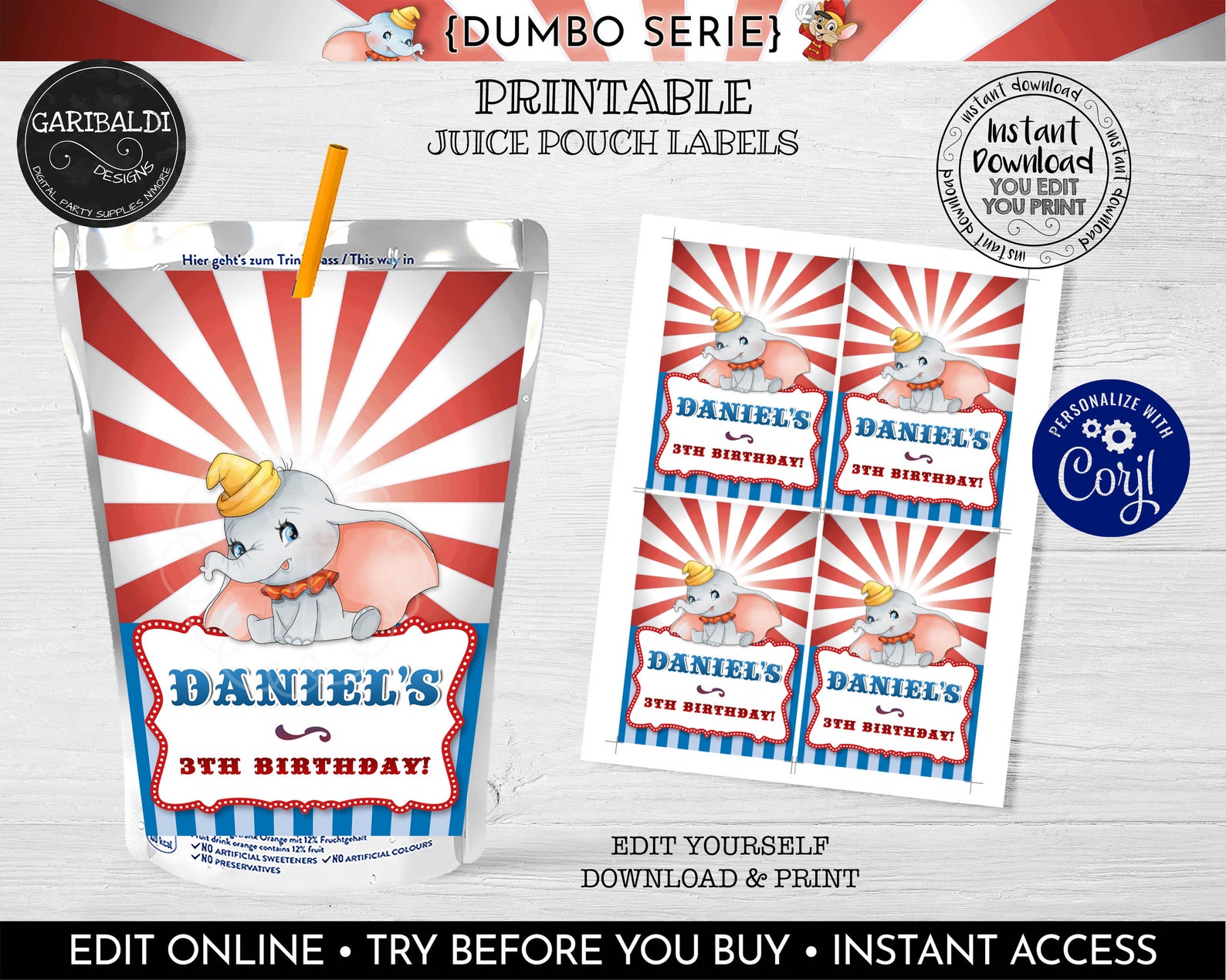 Editable Circus Juice Pouch Label Dumbo Juice Box Labels Dumbo Etsy