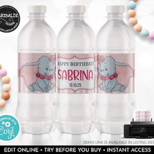 Könnte beinhalten: Drei durchsichtige Plastikwasserflaschen mit rosa und weißen Etiketten, auf denen ein Cartoon von Dumbo dem Elefanten abgebildet ist. Die Etiketten tragen den Text "Happy Birthday! Sabrina 10.10.25".