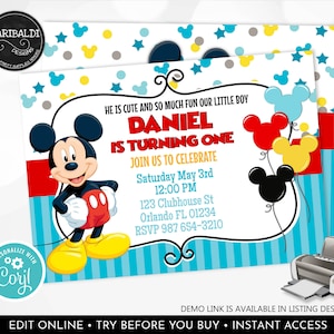Editable Mickey Mouse Invitation Boy First Birthday Printable Invitation Mickey Fun to be one Birthday Digital Download Template MFT1