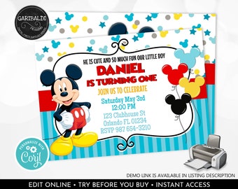 Editable Mickey Mouse Invitation Boy First Birthday Printable Invitation Mickey Fun to be one Birthday Digital Download Template MFT1